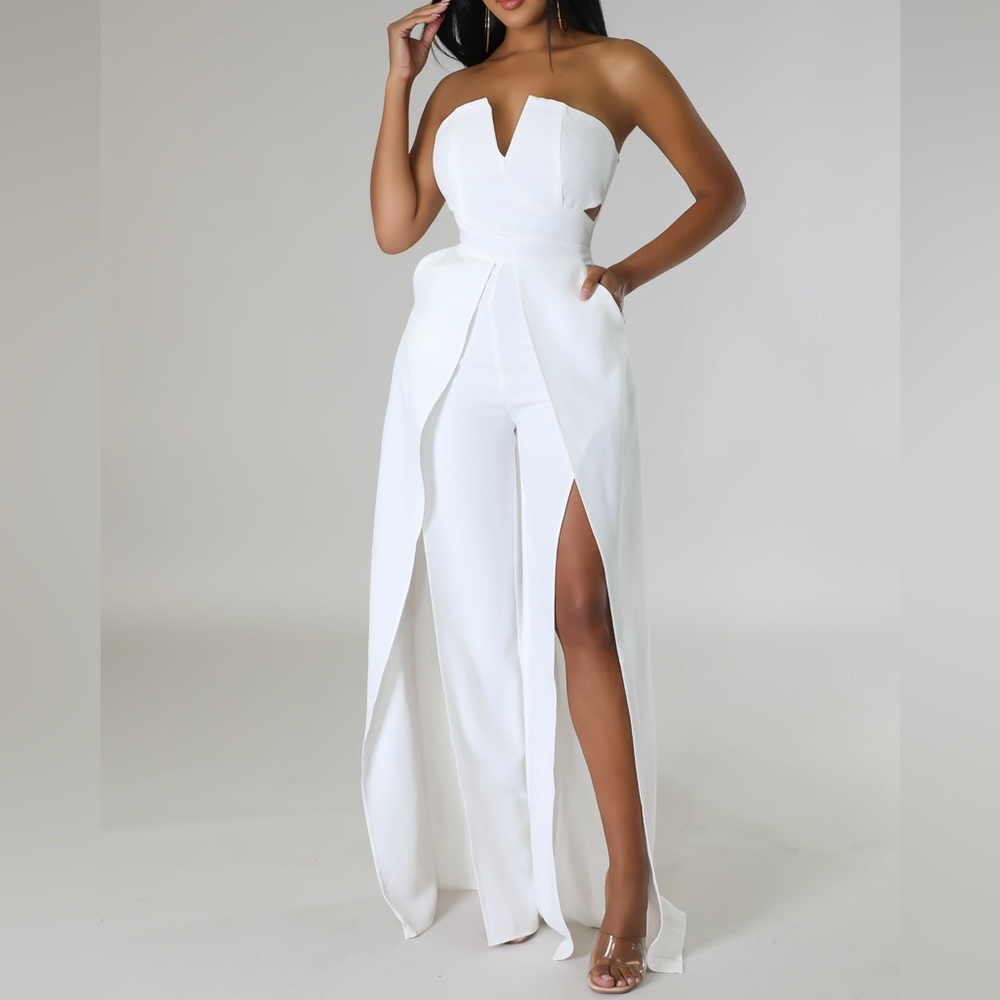 White small strapless jumpsuit with wide leg. Bridal jumpsuit.